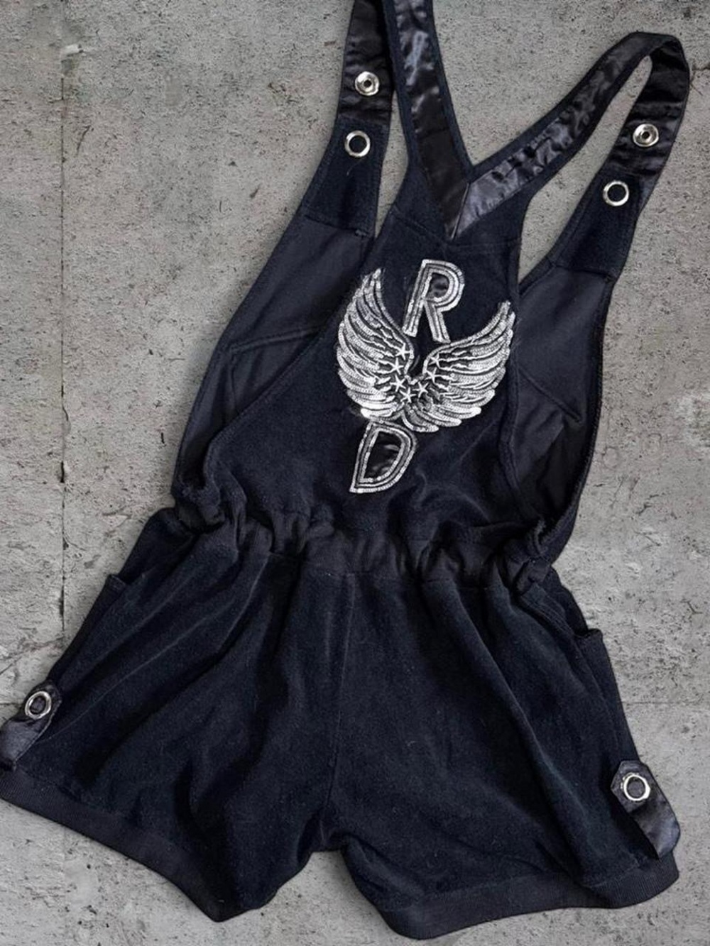 Y2K Black Terry-Cloth romper with Sequin Angel Wings